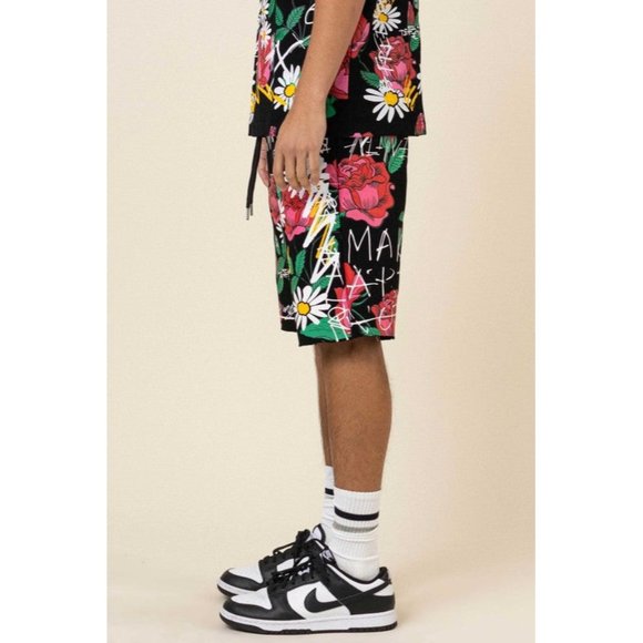 FIRST ROW CASUAL PANTS SHORT SUMER ALLOVER ROSE BLOOM  PRINT - Picture 3 of 9